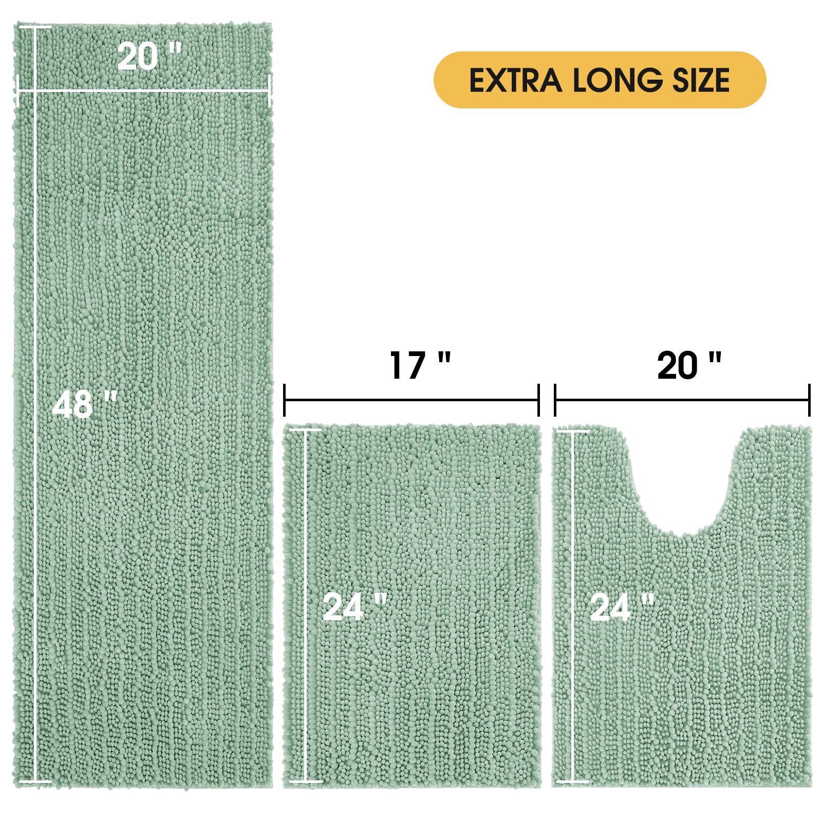 Accumtek Upgrade Extra Large Sage Bathroom Rug Set 3 Pieces Ultra Soft, Thick Absorbent Bath Mats, Non Slip Chenille Toilet Mat